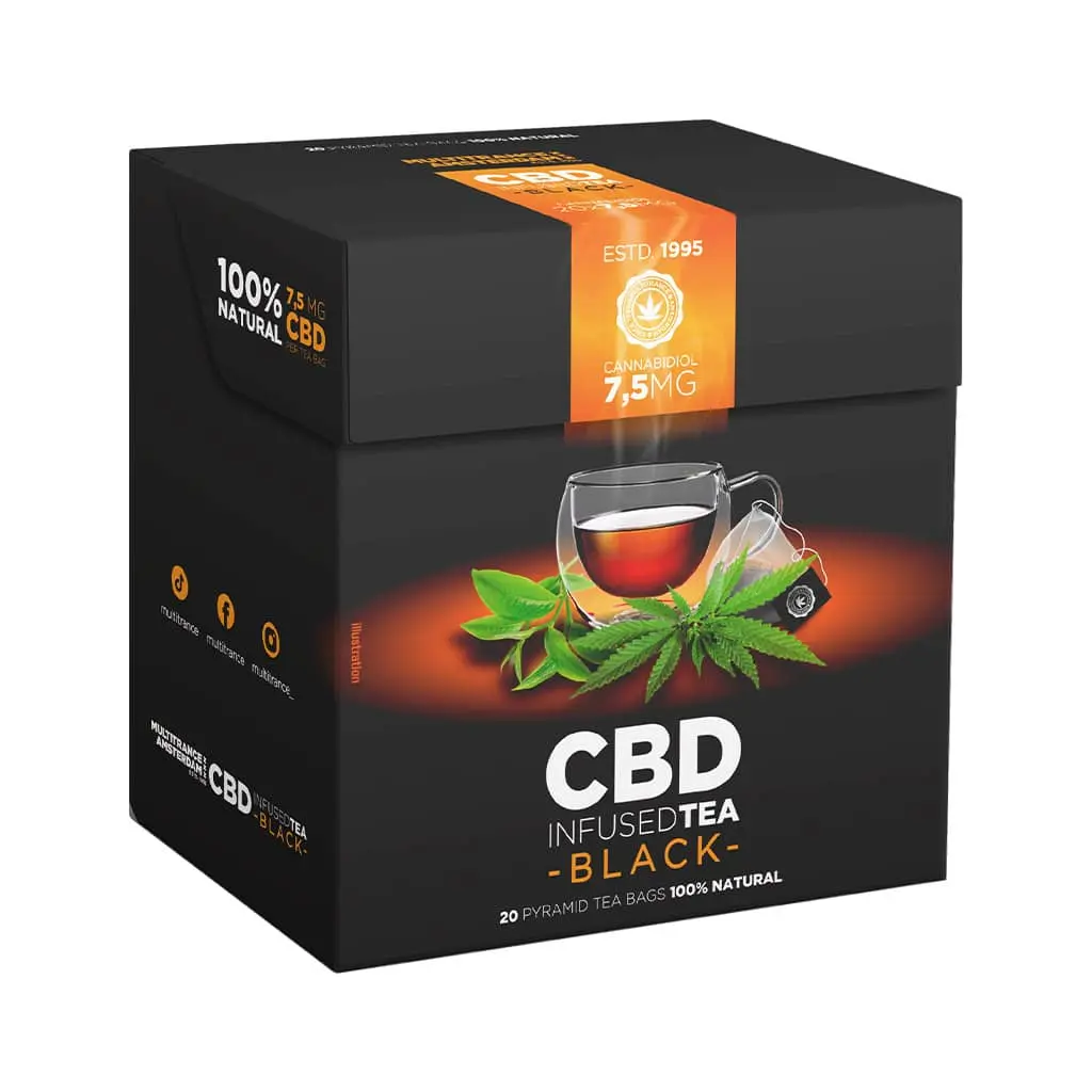 Té negro con 7,5 mg de CBD. Caja de 20 bolsitas piramidales.