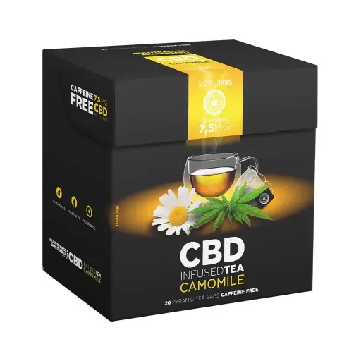 Té de manzanilla con 7,5 mg de CBD. Caja de 20 bolsitas piramidales.