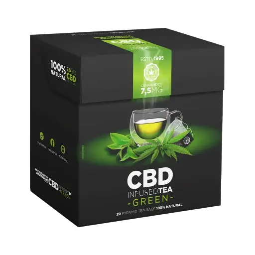 Té verde con 7,5 mg de CBD. Caja de 20 bolsitas piramidales.